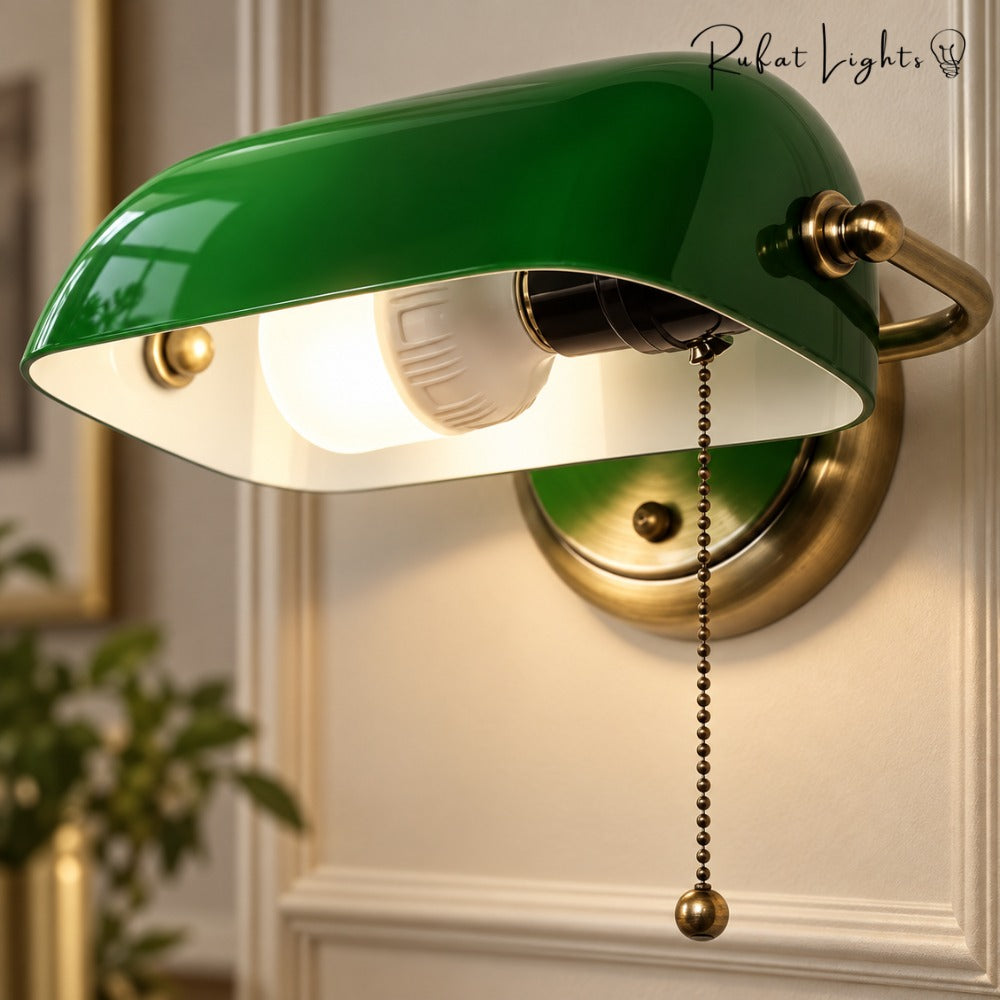 Industrial Vintage Green Banker Wall Lamp close-up side view of the shade and brass backplate