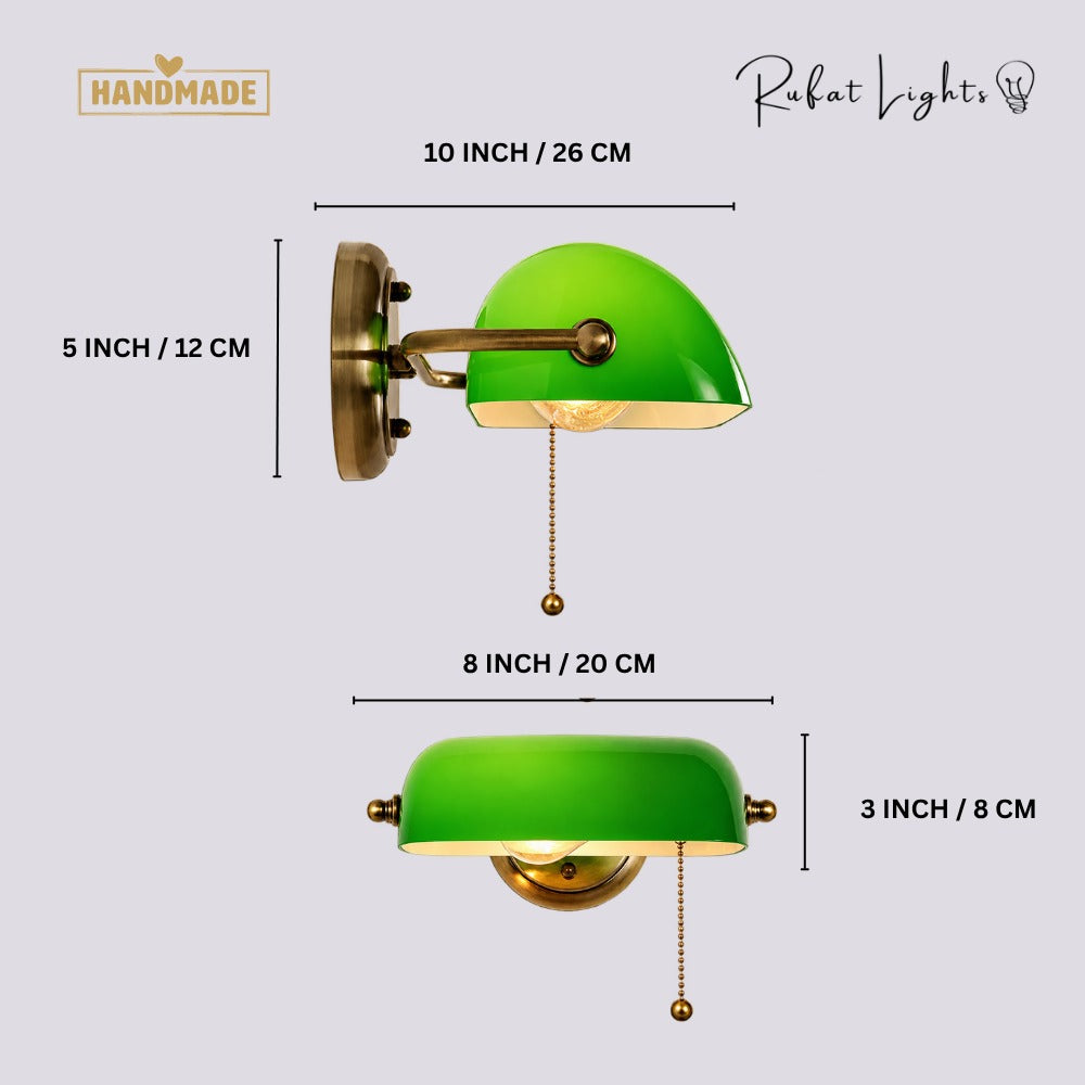 Industrial Vintage Green Banker Wall Lamp dimensions: 10 in (26 cm) projection, 5 in (12 cm) high; shade 8 in (20 cm) wide, 3 in (8 cm) high