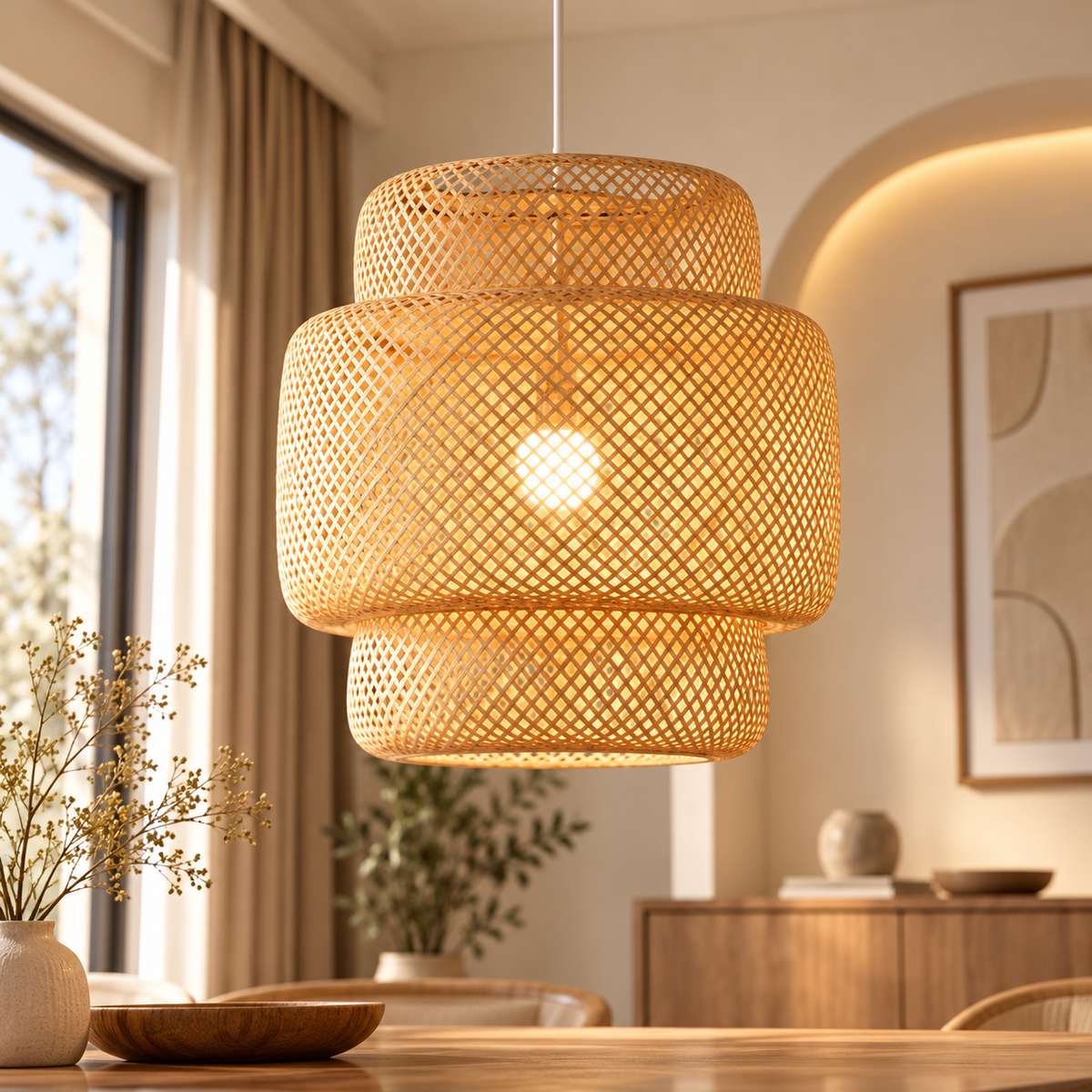 Hand Knitted Weaving Bamboo Pendant Lamp tiered hand-woven bamboo pendant lamp glowing above a dining table in a sunlit room