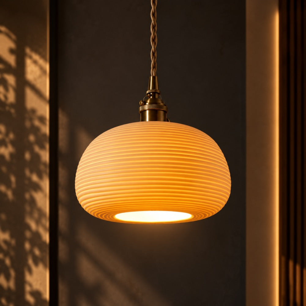 Handcrafted Ceramic Lampshade Pendant Light Dish ribbed ceramic shade with brass socket