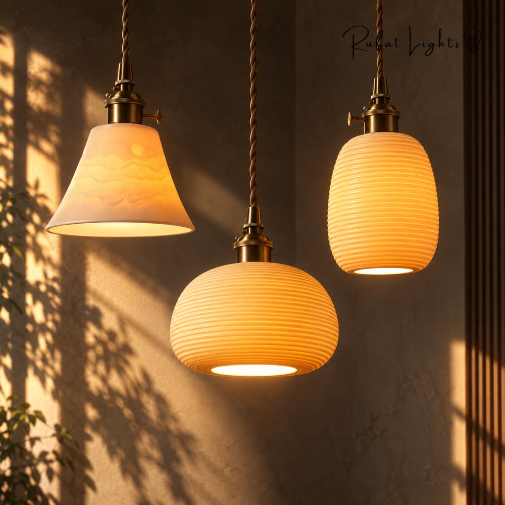 Handcrafted Ceramic Lampshade Pendant Light trio of Cone, Dish and Lantern