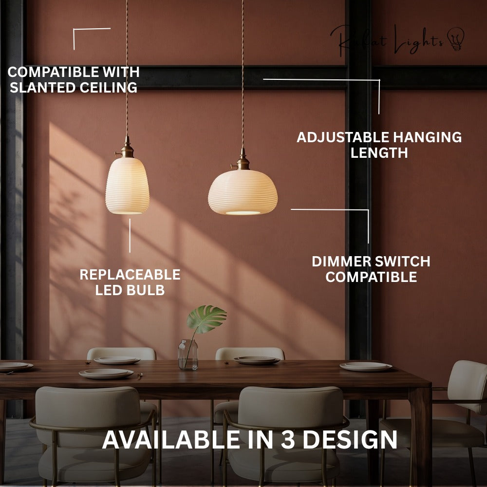 Handcrafted Ceramic Lampshade Pendant Light features: compatible with slanted ceiling, adjustable hanging length, replaceable LED bulb, dimmer switch compatible