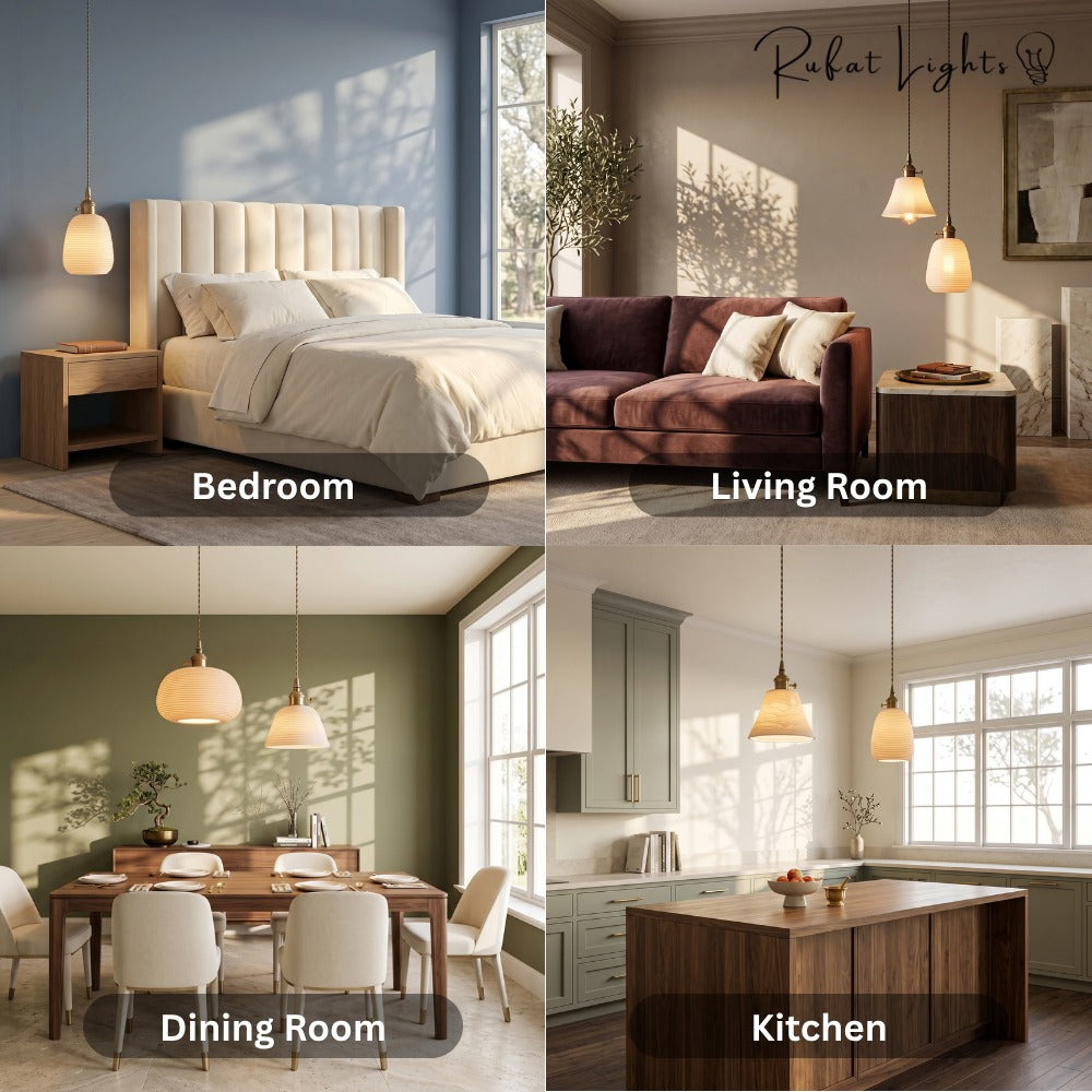 Handcrafted Ceramic Lampshade Pendant Light shown in a bedroom, living room, dining room and kitchen