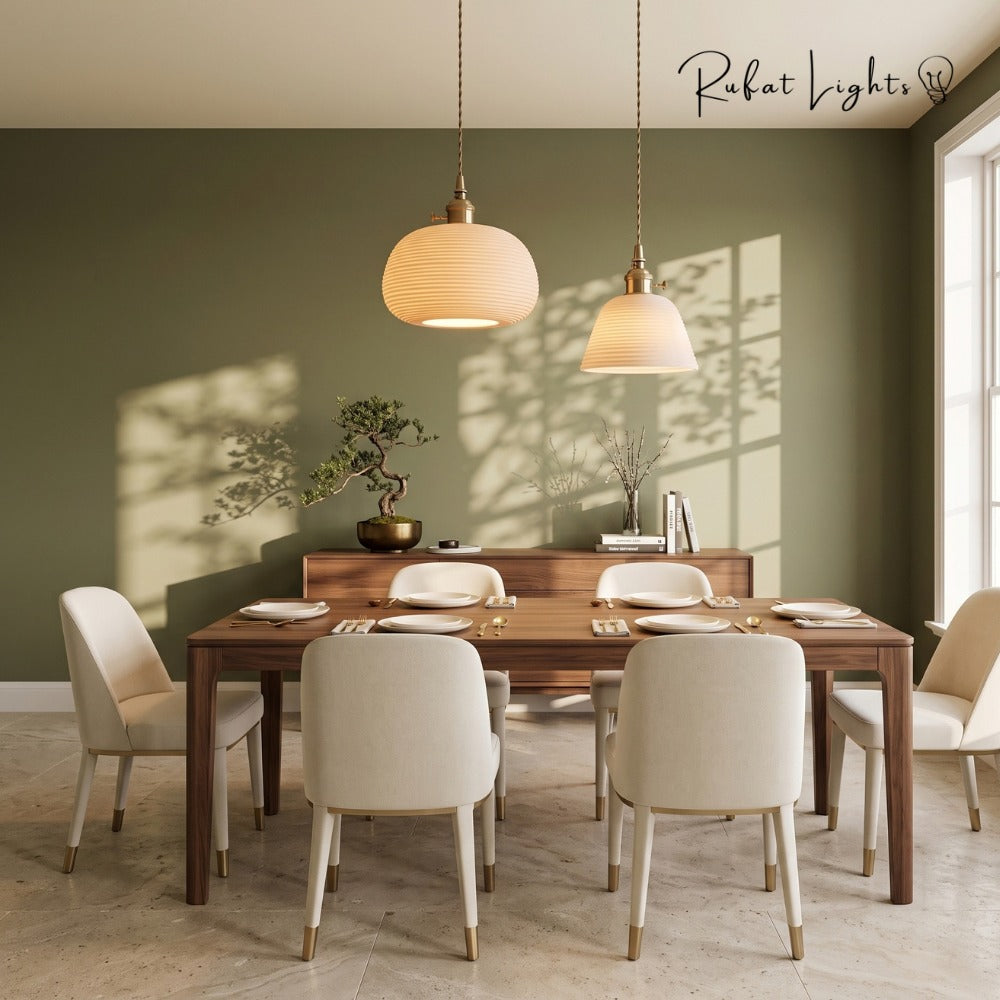 Handcrafted Ceramic Lampshade Pendant Light pair over a dining table