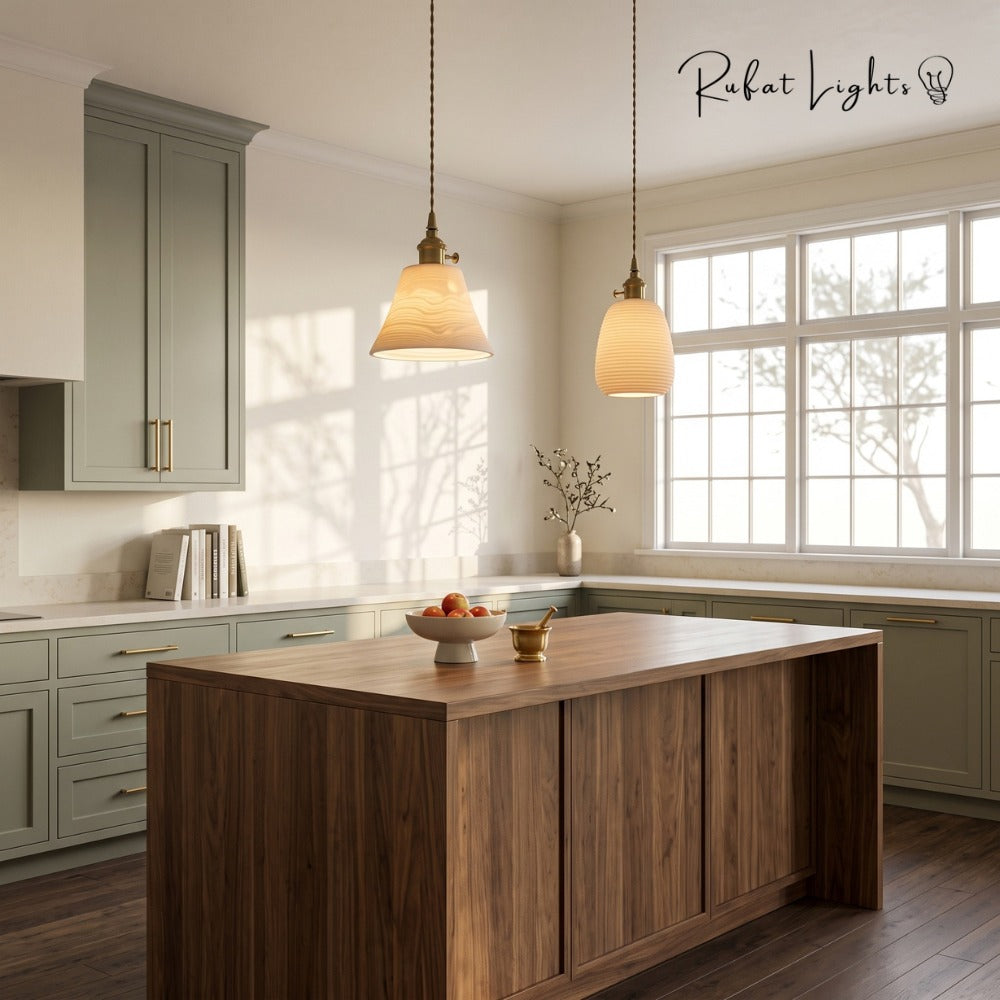 Handcrafted Ceramic Lampshade Pendant Light pair over a kitchen island