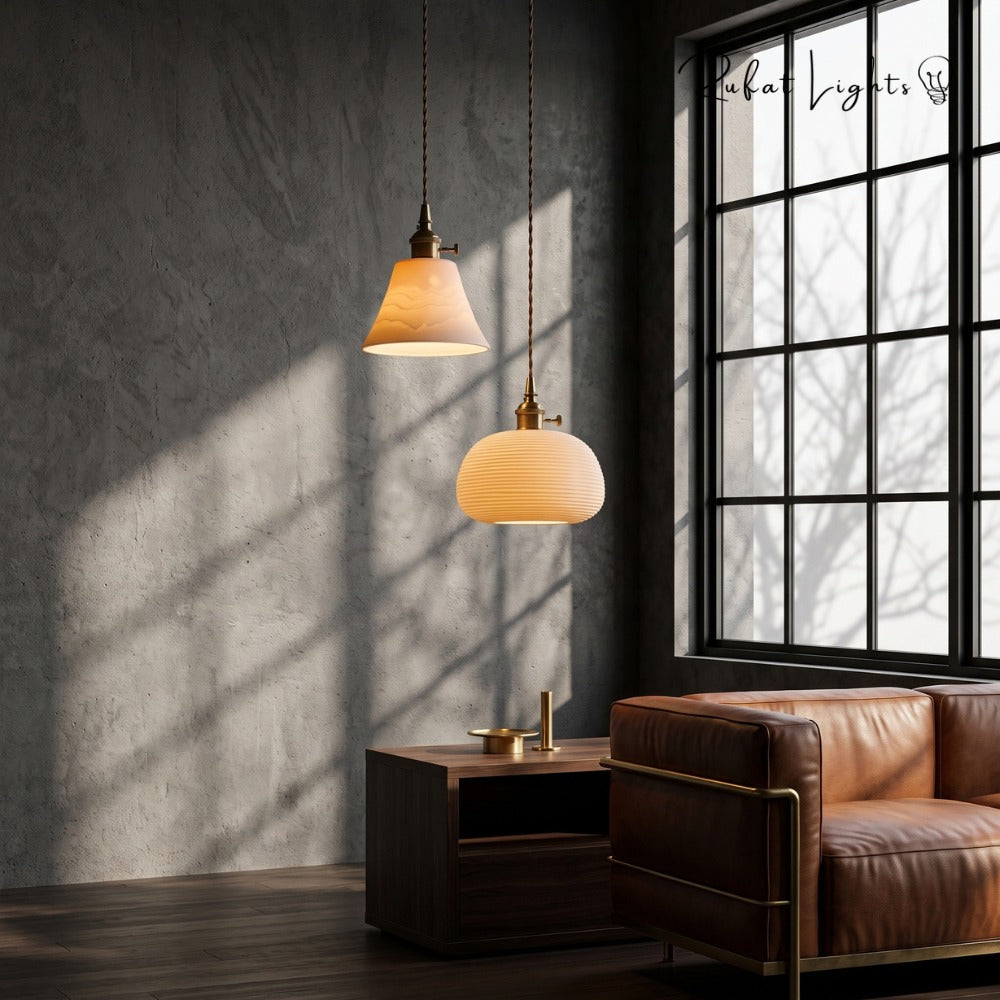 Handcrafted Ceramic Lampshade Pendant Light pair in a living room