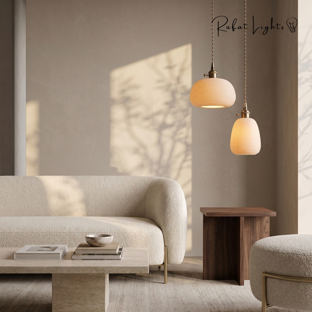 Handcrafted Ceramic Lampshade Pendant Light pair beside a sofa