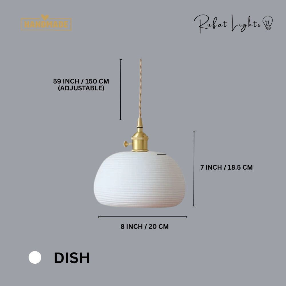 Handcrafted Ceramic Lampshade Pendant Light Dish dimensions: 8 in (20 cm) wide, 7 in (18.5 cm) high, 59 in (150 cm) adjustable hanging length