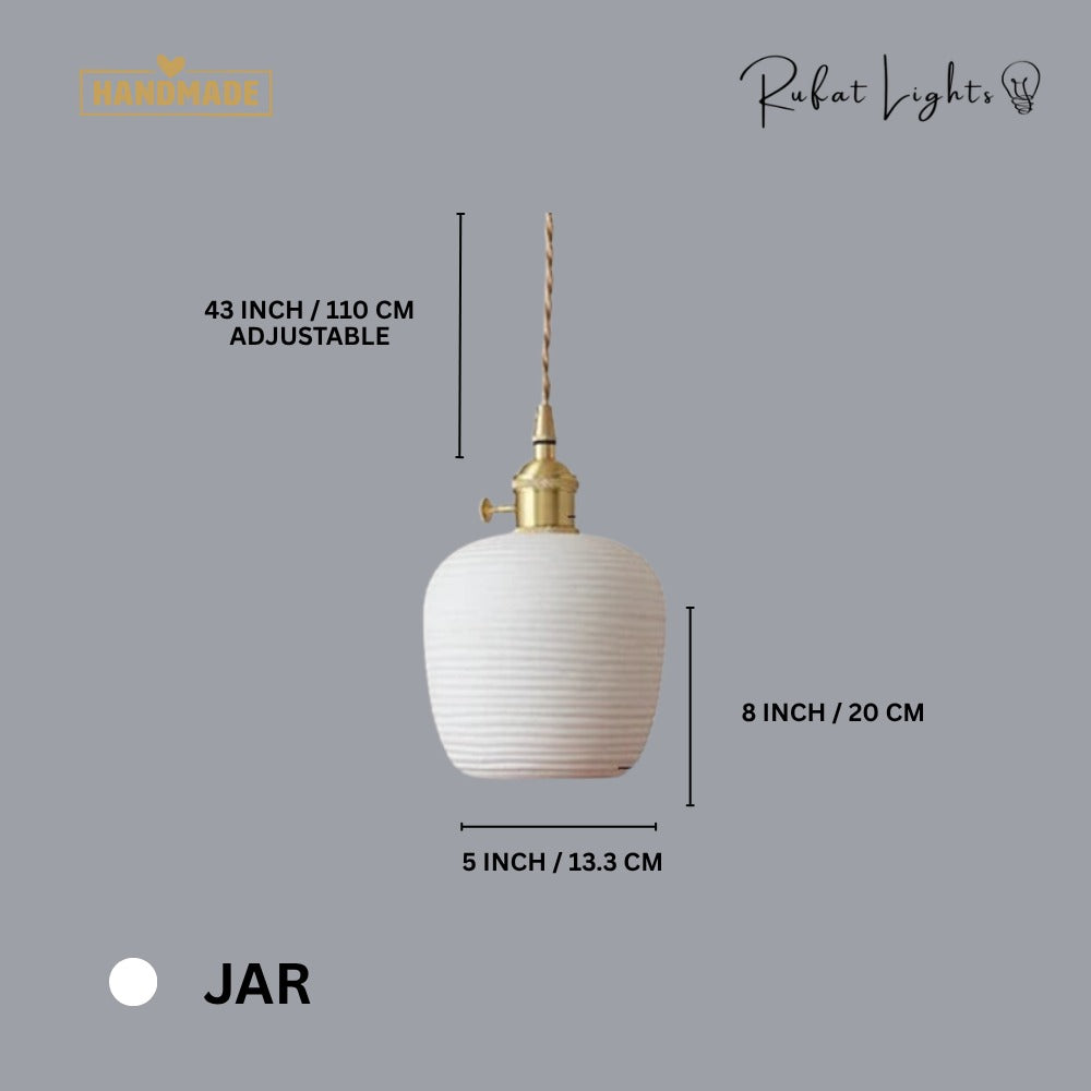 Handcrafted Ceramic Lampshade Pendant Light Jar dimensions: 5 in (13.3 cm) wide, 8 in (20 cm) high, 43 in (110 cm) adjustable hanging length