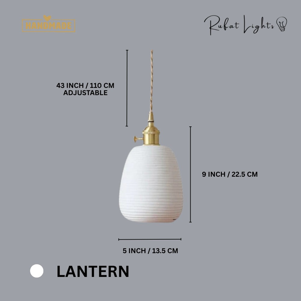 Handcrafted Ceramic Lampshade Pendant Light Lantern dimensions: 5 in (13.5 cm) wide, 9 in (22.5 cm) high, 43 in (110 cm) adjustable hanging length