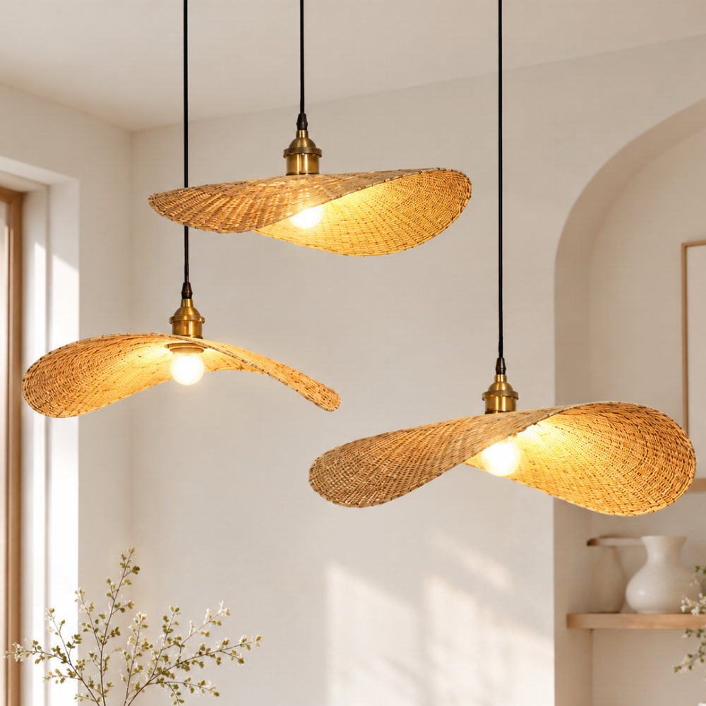 Handmade Bamboo Weaving Pendant Lamp three natural woven bamboo hat pendant lamps glowing in a bright sunlit room