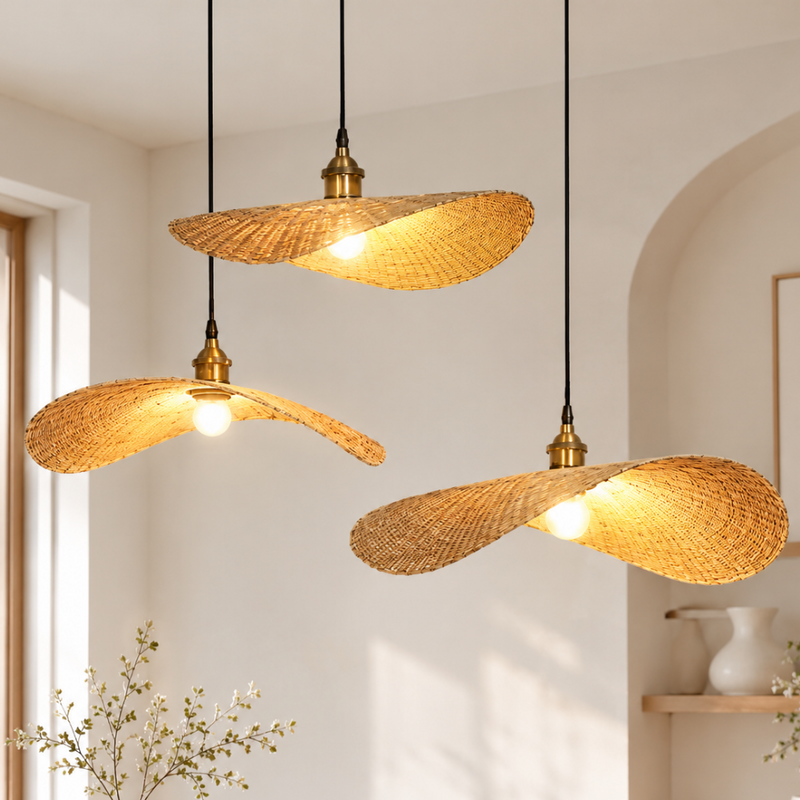 Handmade Bamboo Weaving Pendant Lamp three natural woven bamboo hat pendant lamps glowing in a bright sunlit room