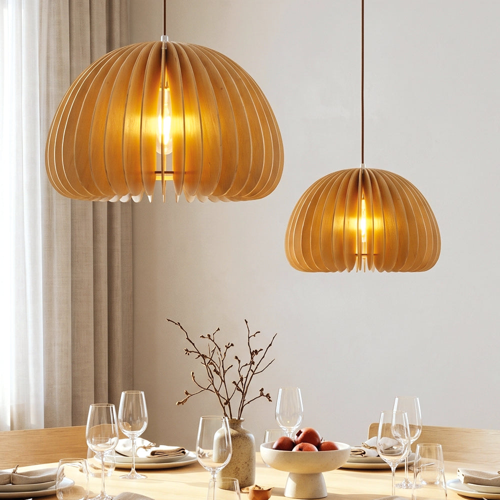 Handmade Wood Pumpkin Pendant Light pendants over a dining table