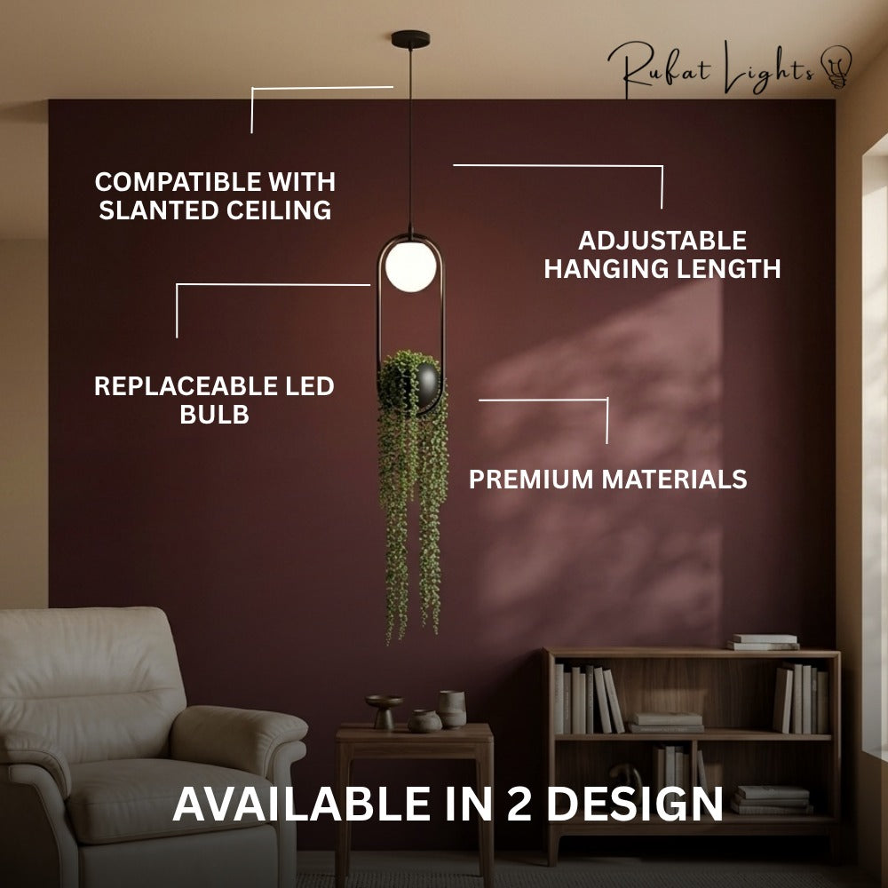 Hanging Garden LED Pendant Light features: compatible with slanted ceiling, adjustable hanging length, replaceable LED bulb, premium materials, available in 2 designs