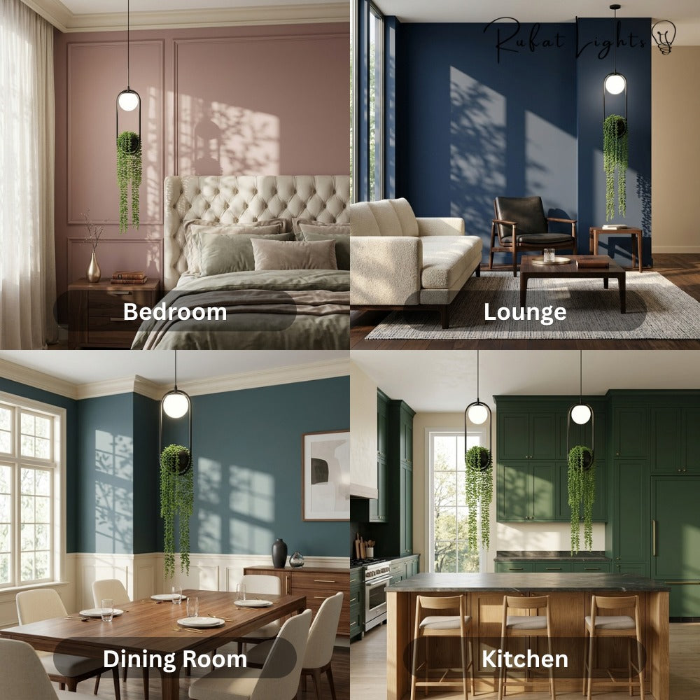 Hanging Garden LED Pendant Light shown in a bedroom, lounge, dining room and kitchen