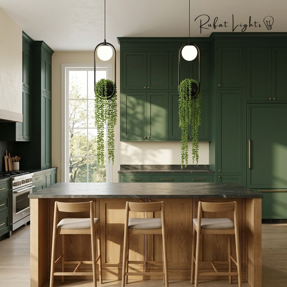 Hanging Garden LED Pendant Light pair over a kitchen island