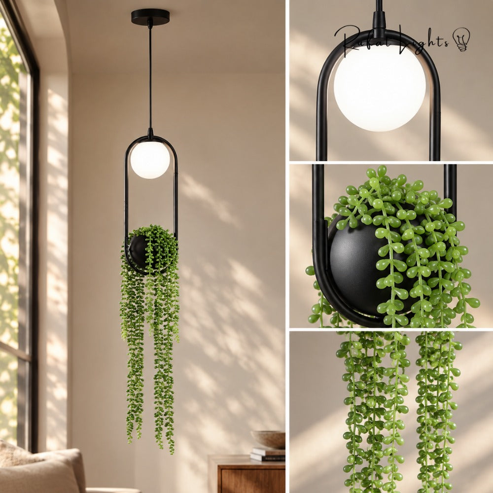 Hanging Garden LED Pendant Light details: glass globe and hanging plant