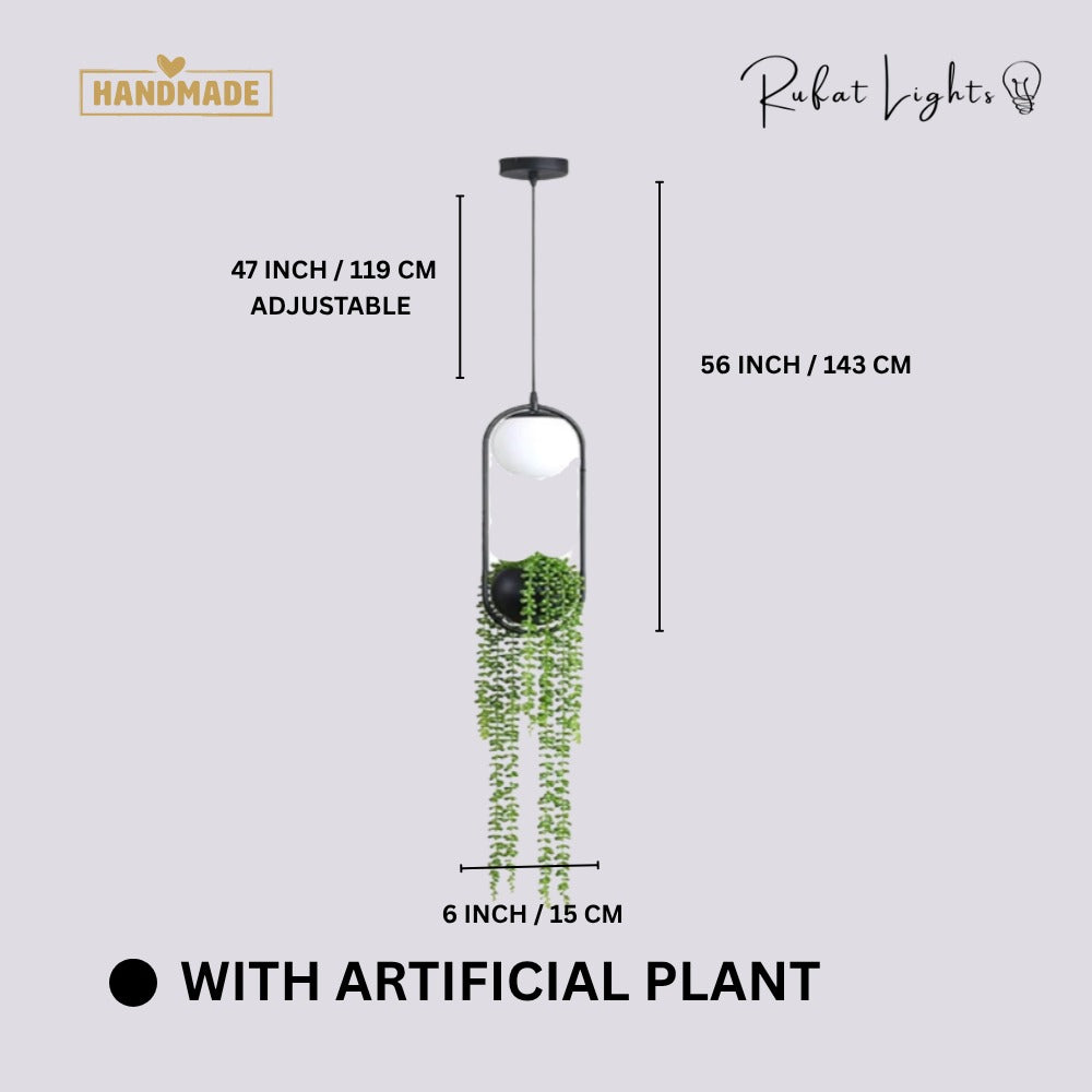 Hanging Garden LED Pendant Light With Artificial Plant dimensions: 6 in (15 cm) wide, 56 in (143 cm) high, 47 in (119 cm) adjustable cord