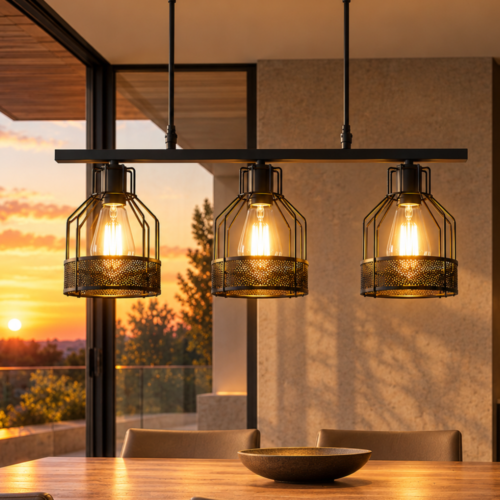 Industrial Style Loft Multi-Heads Chandelier Lamp 3-head black cage pendant over a dining table at sunset