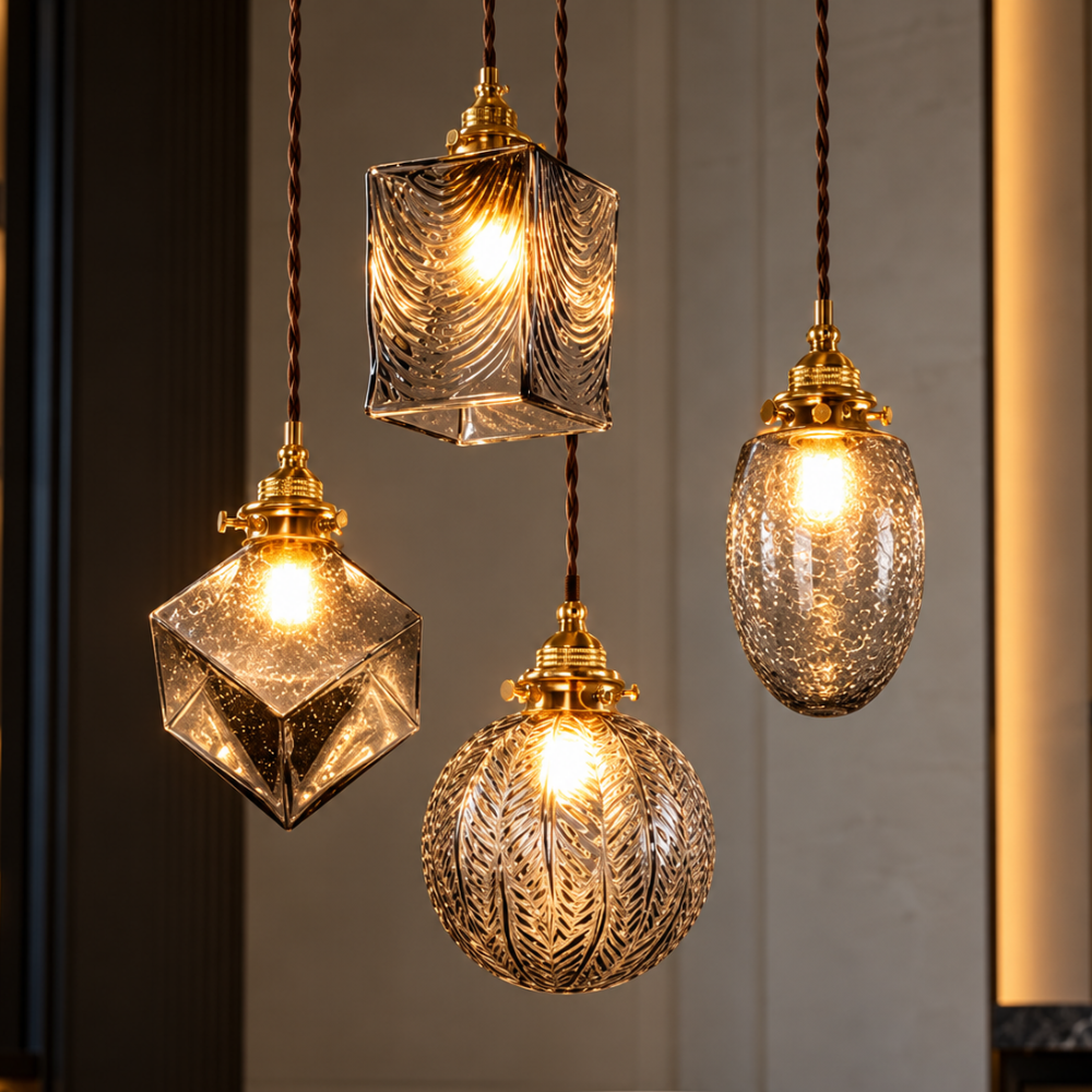 Industrial Vintage Style Copper Pendant Lights four smoky textured glass pendants in rectangle, cube, sphere and oval styles glowing against a dark wall