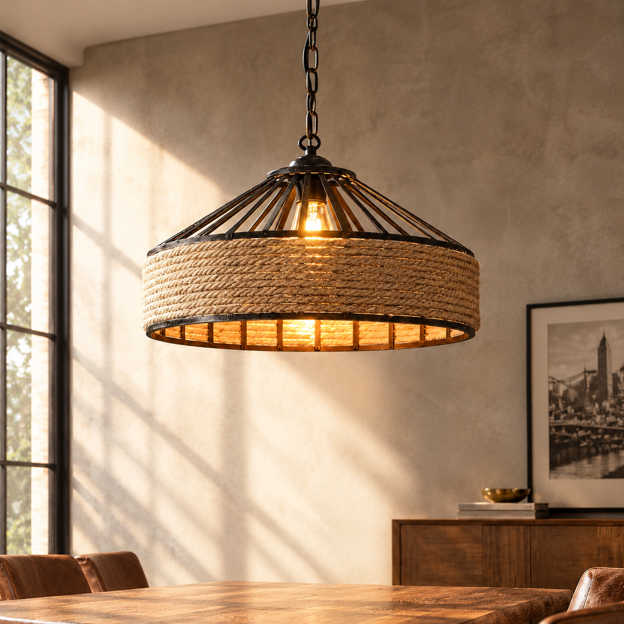Iron Hand Braiding Rope Pendant Light rope and black iron cage pendant glowing above a dining table in a sunlit room