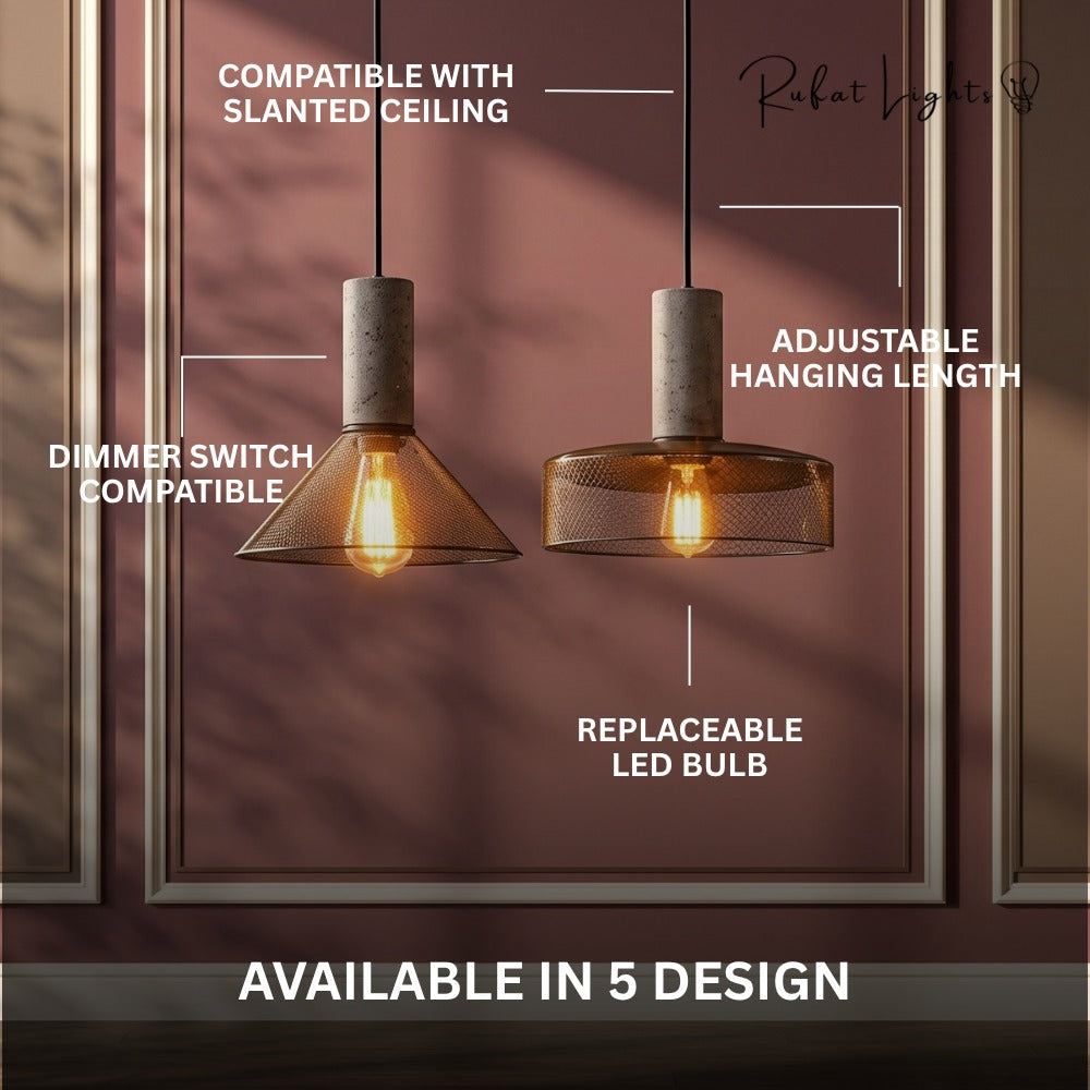 Iron Lampshade Cement Bar Pendant Lamp features: compatible with slanted ceiling, adjustable hanging length, dimmer switch compatible, replaceable LED bulb, available in 5 designs