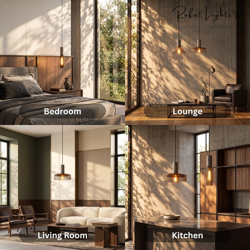 Iron Lampshade Cement Bar Pendant Lamp shown in a bedroom, lounge, living room and kitchen