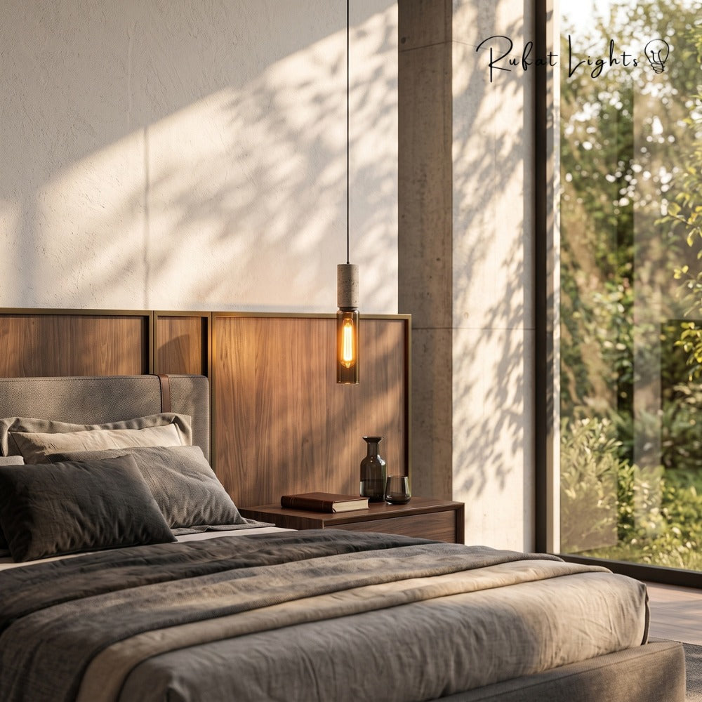 Iron Lampshade Cement Bar Pendant Lamp Tube beside a bed