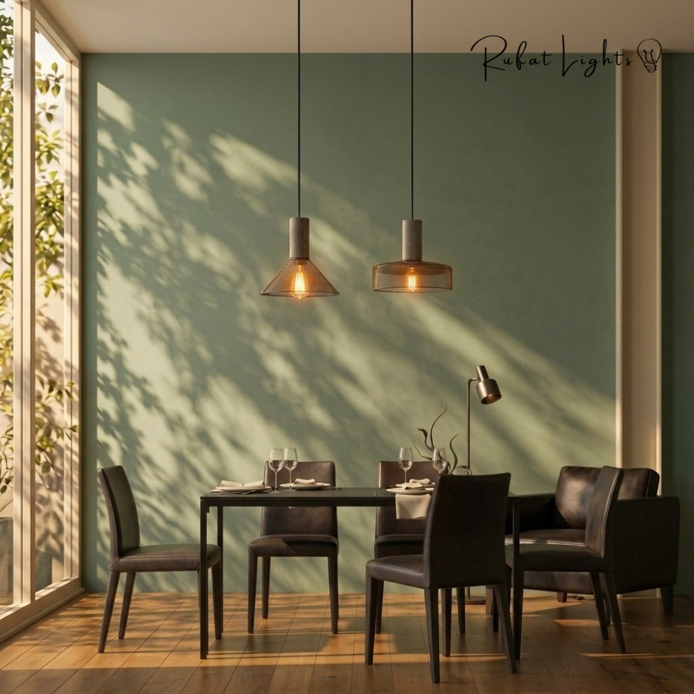 Iron Lampshade Cement Bar Pendant Lamp pair over a dining table
