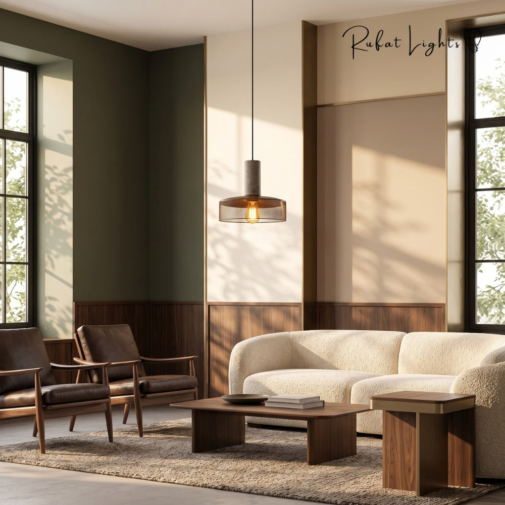 Iron Lampshade Cement Bar Pendant Lamp in a living room