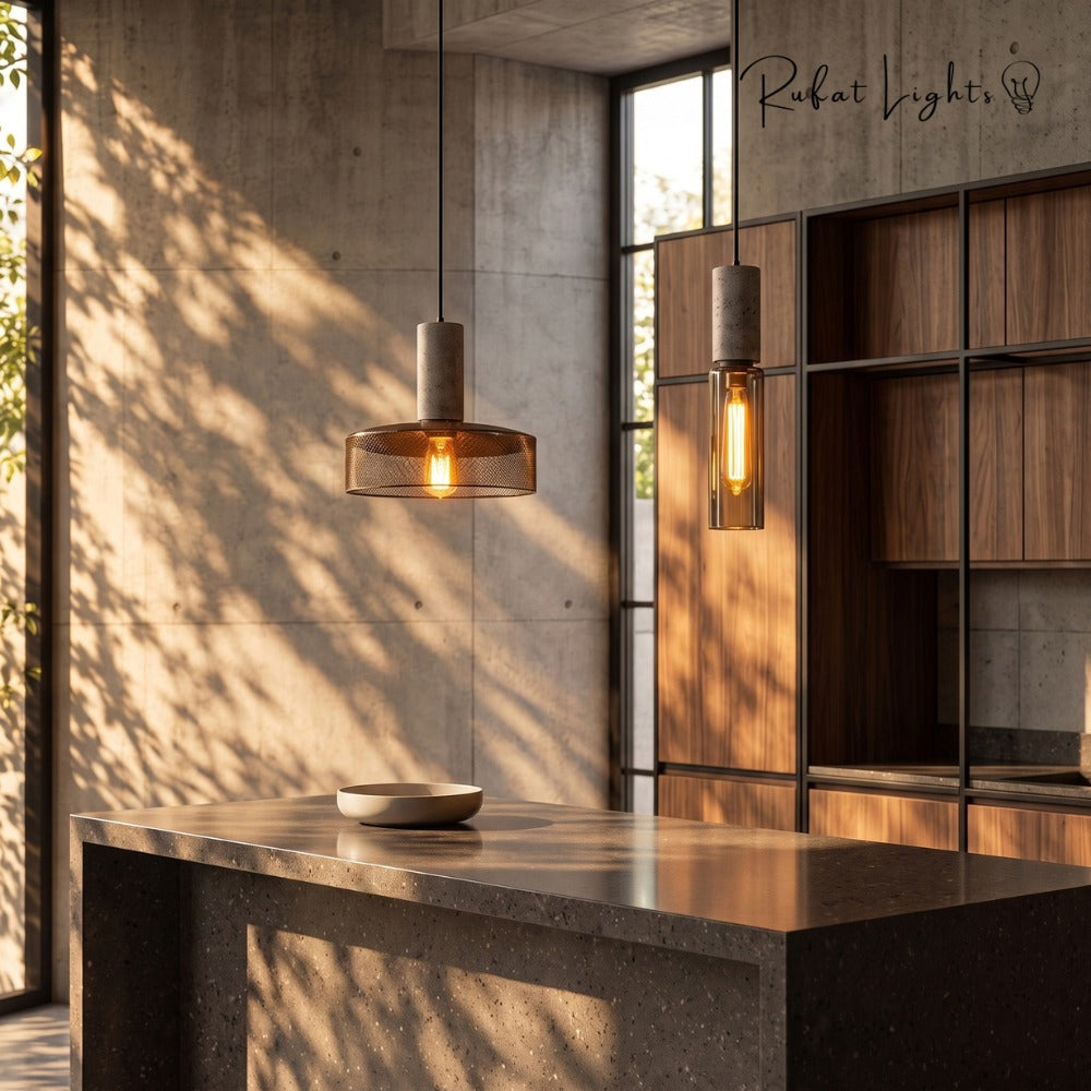 Iron Lampshade Cement Bar Pendant Lamp over a kitchen counter