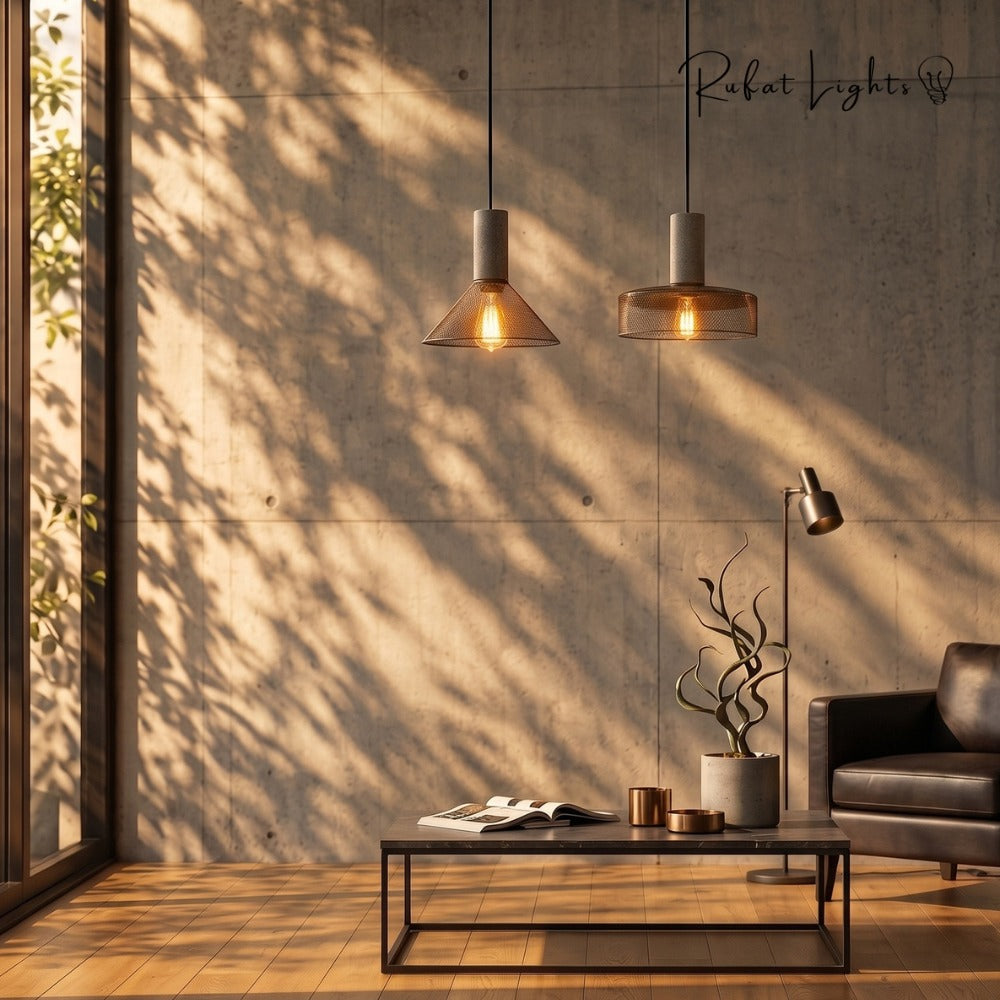 Iron Lampshade Cement Bar Pendant Lamp pair in a lounge