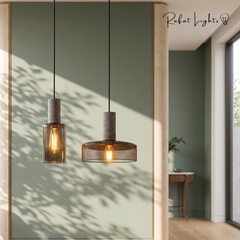 Iron Lampshade Cement Bar Pendant Lamp Bottle and Bucket against a green wall