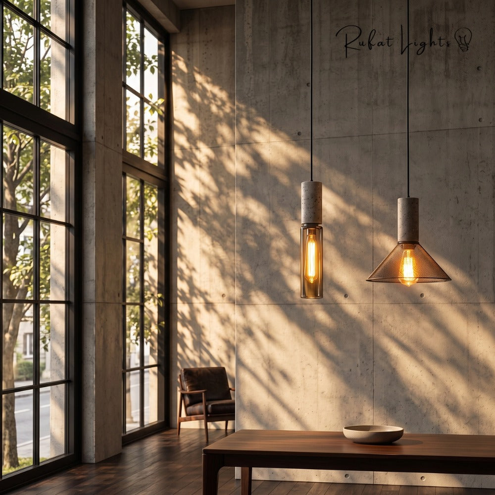 Iron Lampshade Cement Bar Pendant Lamp pair over a table by the window