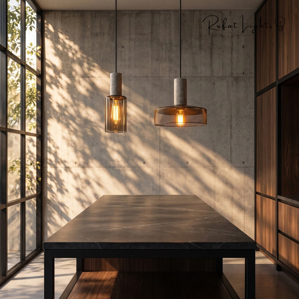 Iron Lampshade Cement Bar Pendant Lamp pair over a dining table
