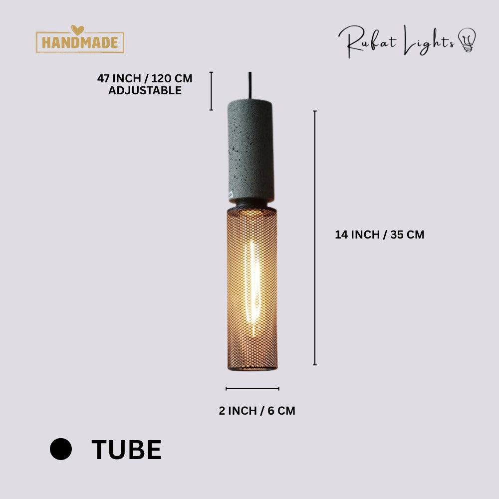 Iron Lampshade Cement Bar Pendant Lamp Tube dimensions: 2 in (6 cm) wide, 14 in (35 cm) high, 47 in (120 cm) adjustable hanging length
