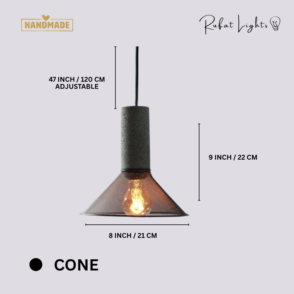 Iron Lampshade Cement Bar Pendant Lamp Cone dimensions: 8 in (21 cm) wide, 9 in (22 cm) high, 47 in (120 cm) adjustable hanging length