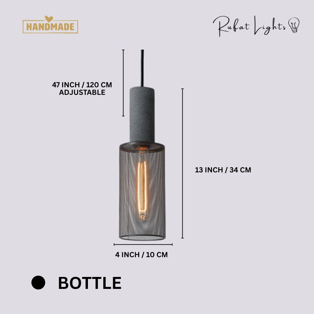 Iron Lampshade Cement Bar Pendant Lamp Bottle dimensions: 4 in (10 cm) wide, 13 in (34 cm) high, 47 in (120 cm) adjustable hanging length
