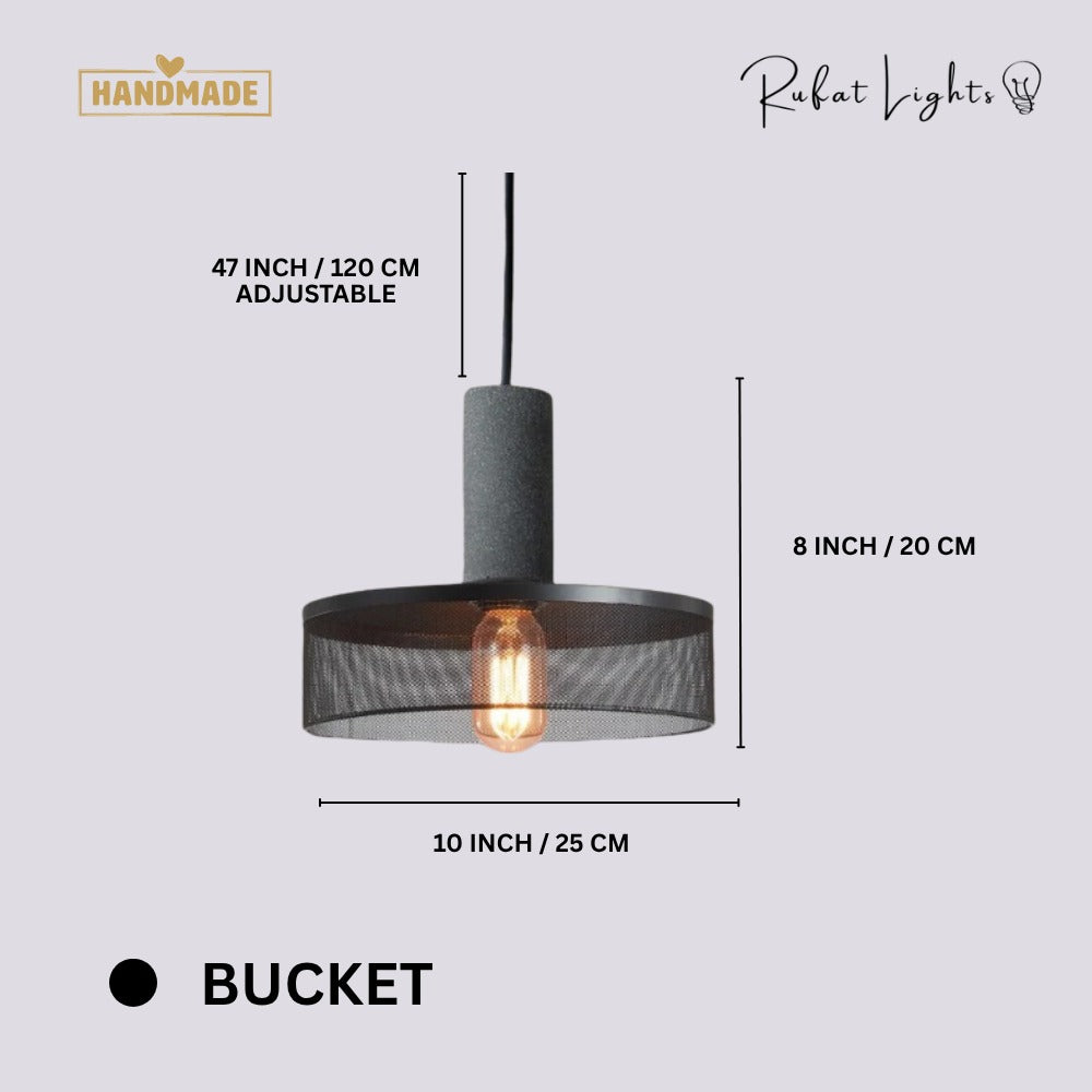 Iron Lampshade Cement Bar Pendant Lamp Bucket dimensions: 10 in (25 cm) wide, 8 in (20 cm) high, 47 in (120 cm) adjustable hanging length