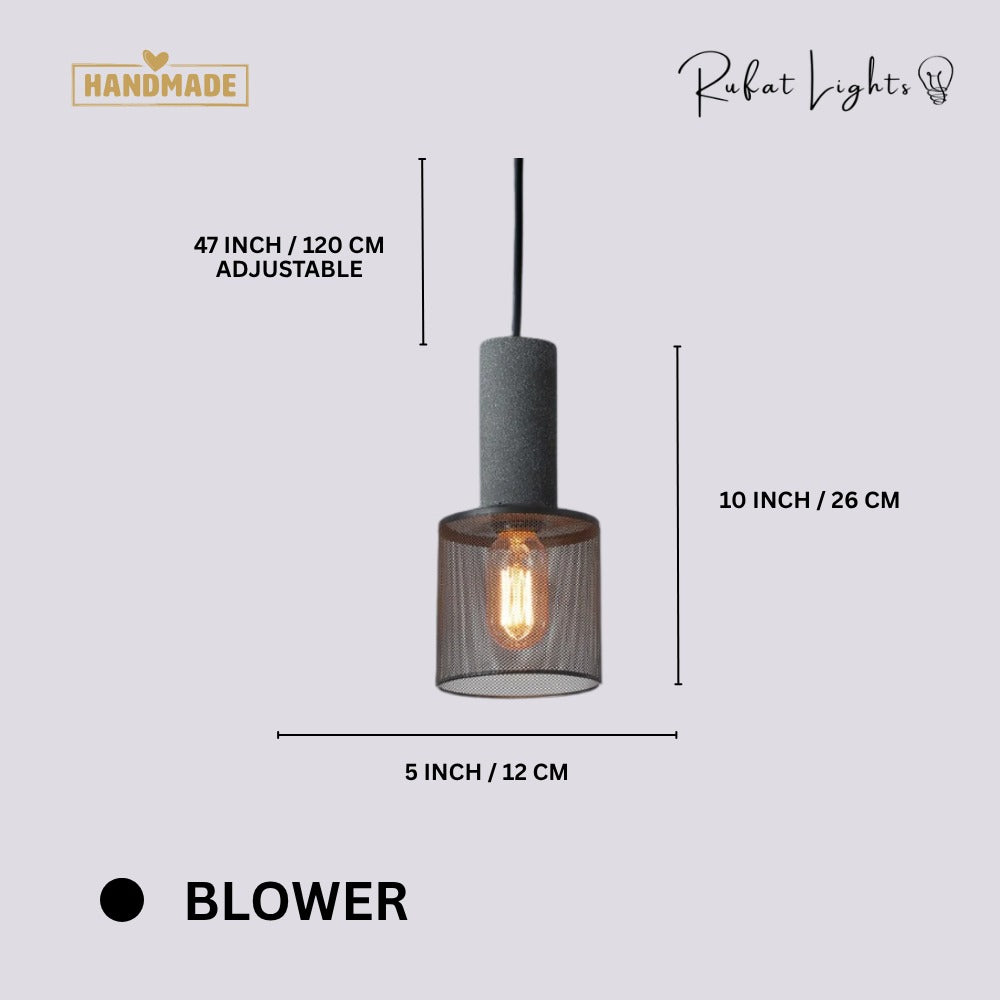 Iron Lampshade Cement Bar Pendant Lamp Blower dimensions: 5 in (12 cm) wide, 10 in (26 cm) high, 47 in (120 cm) adjustable hanging length