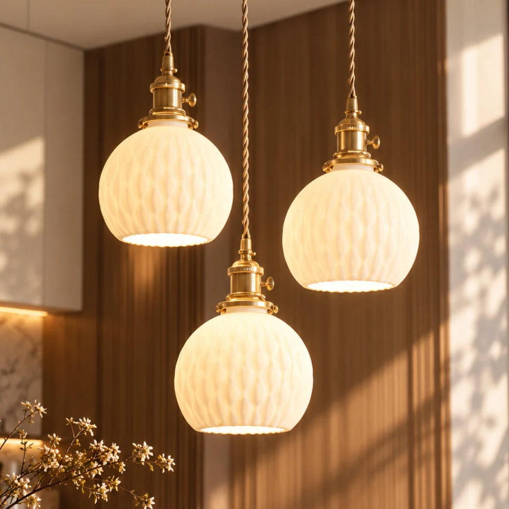 Japanese Handmade Ceramic Pendant Lights three white ceramic pendant lights glowing against a warm wood wall