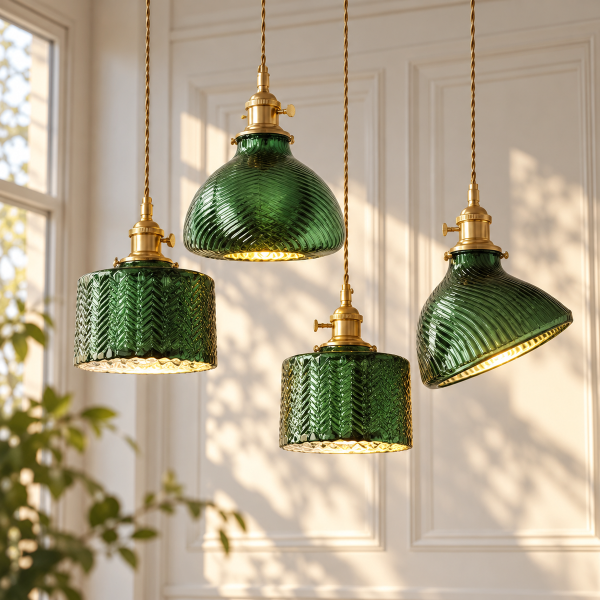 Japanese Minimalist Green Glass Pendant Light cluster of green textured glass cylinder and cup pendants in a sunlit room