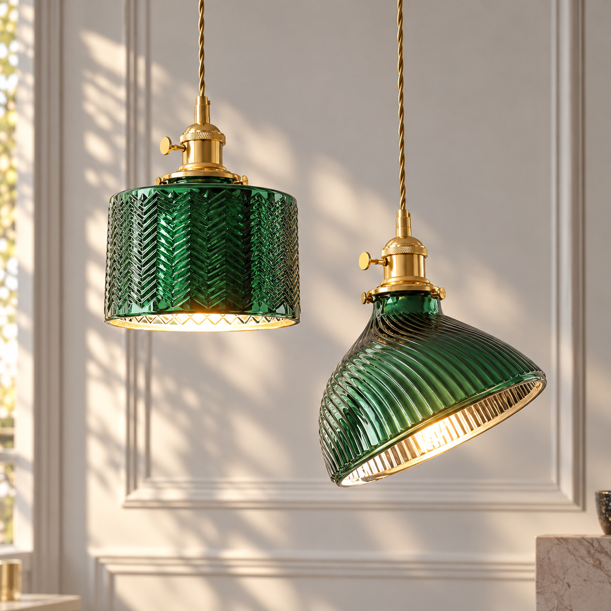 Japanese Minimalist Green Glass Pendant Light green textured glass cylinder and cup pendants with brass holders glowing in a sunlit room