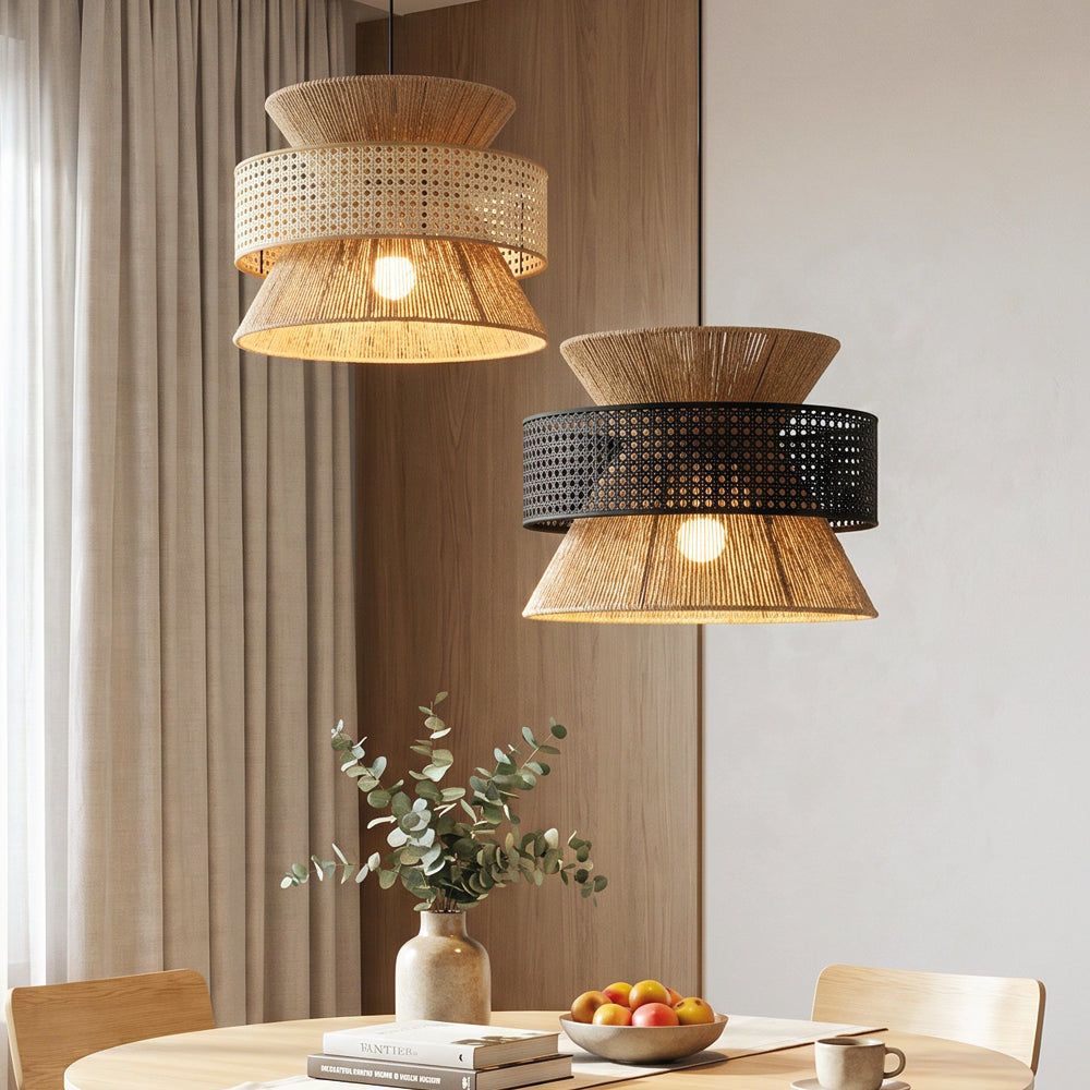 Japanese Rope Zen Teahouse Pendent Light pendants over a dining table