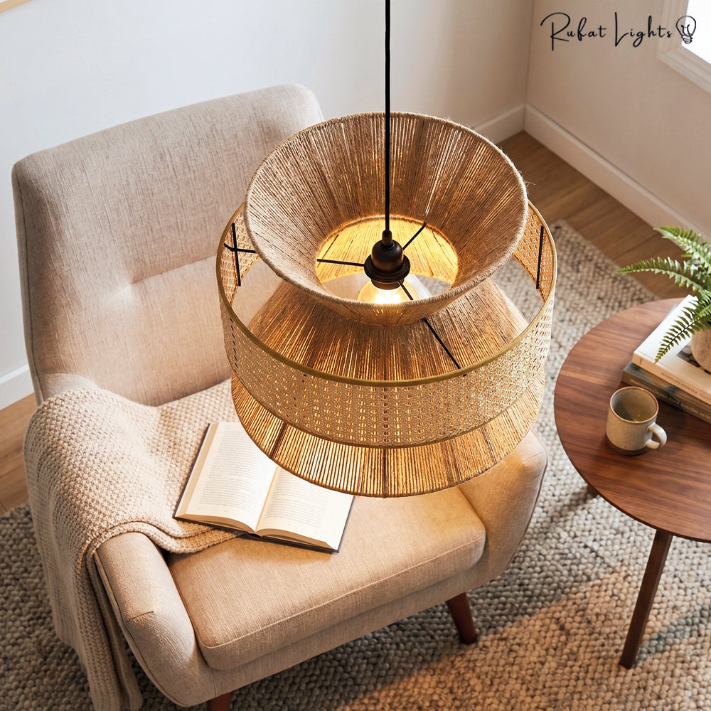 Japanese Rope Zen Teahouse Pendent Light in a living room above an armchair
