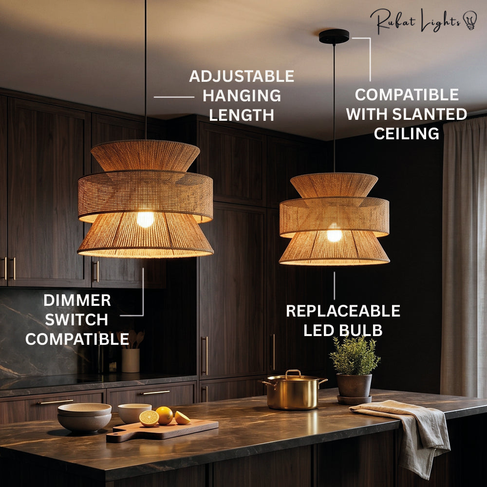 Japanese Rope Zen Teahouse Pendent Light features: adjustable hanging length, slanted ceiling compatible, dimmer compatible, replaceable LED bulb