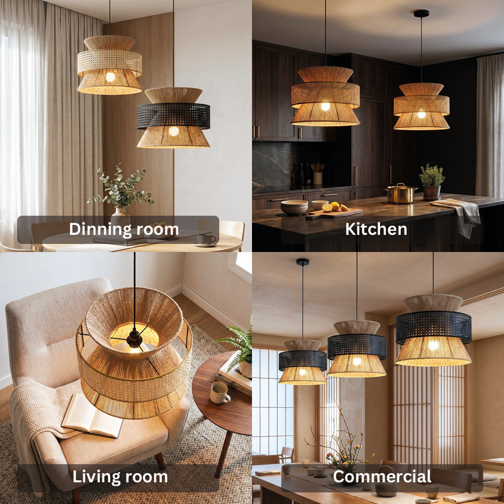 Japanese Rope Zen Teahouse Pendent Light shown in dining room, kitchen, living room and commercial spaces