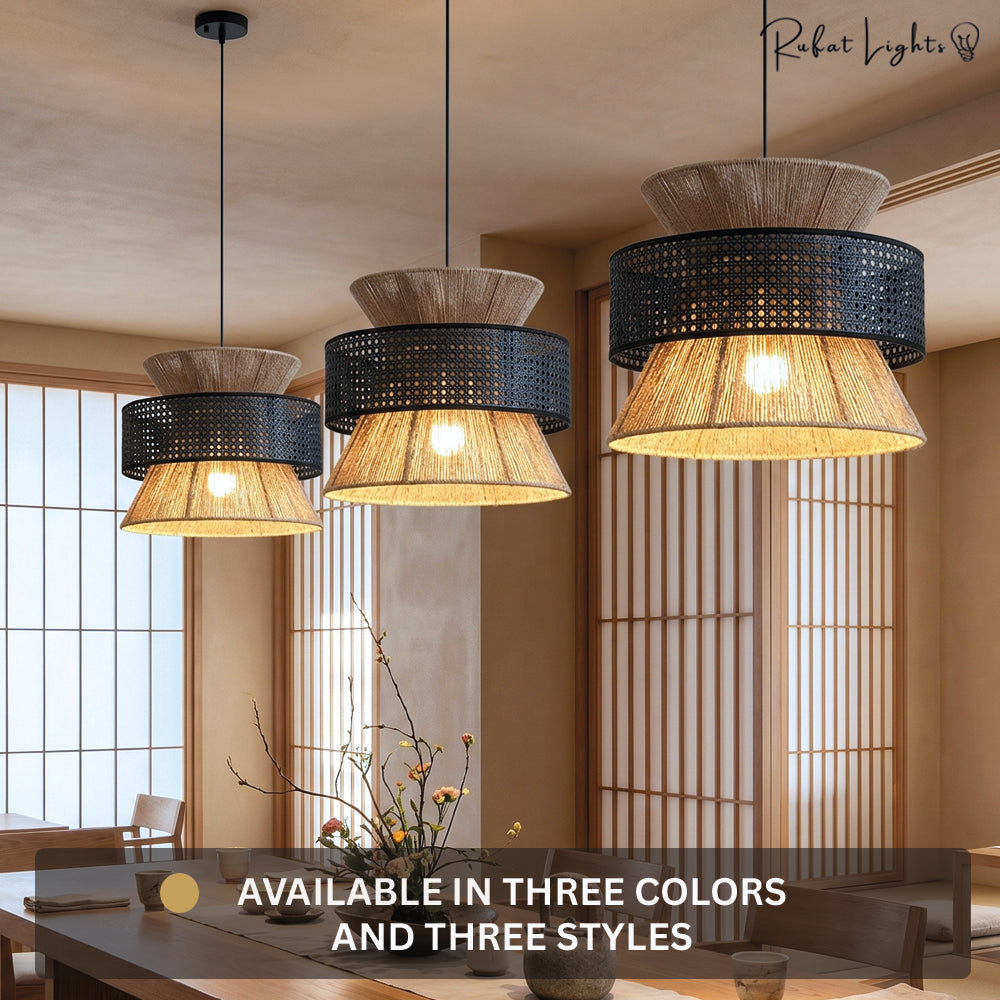 Japanese Rope Zen Teahouse Pendent Light black and brown pendants, available in three colors and three sizes