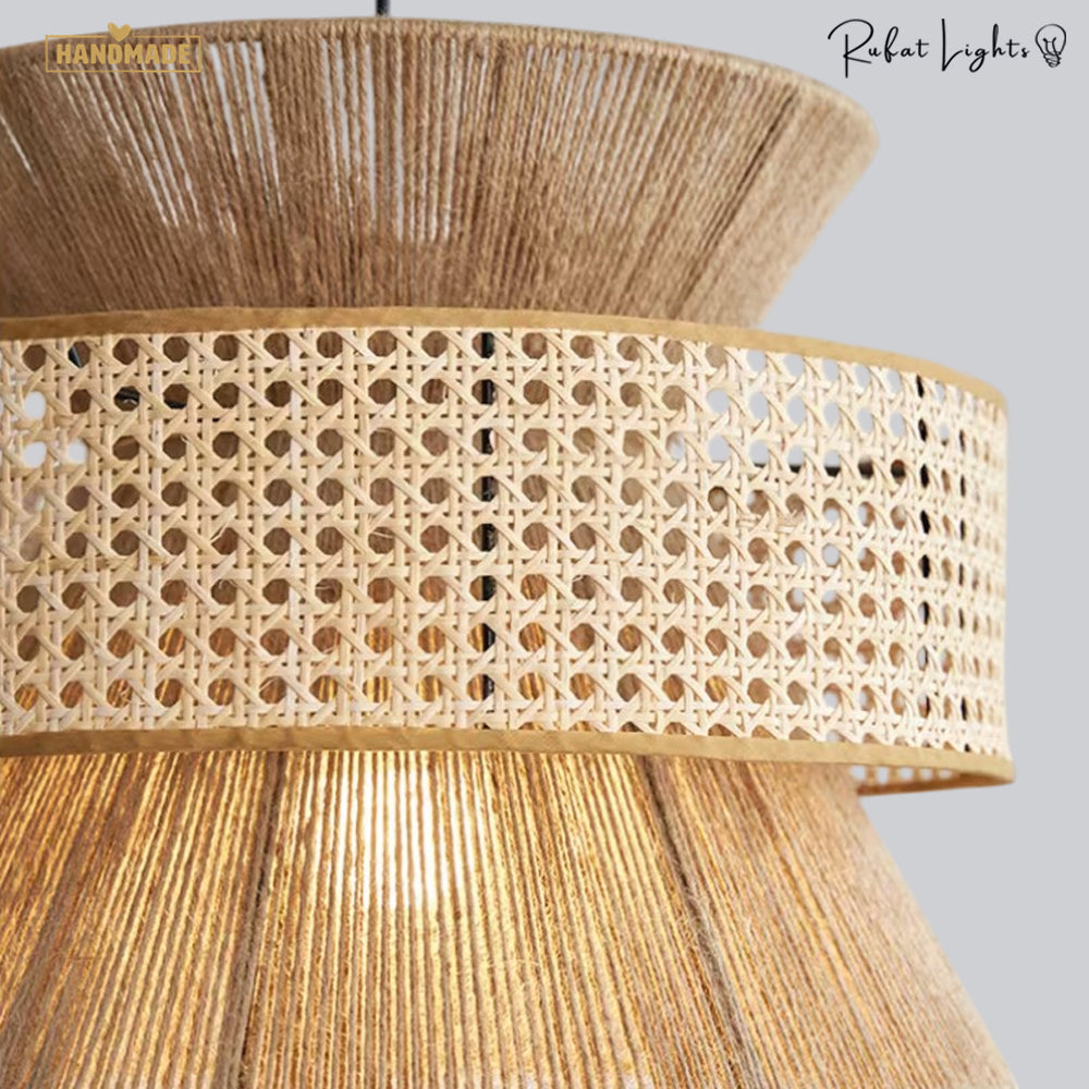Japanese Rope Zen Teahouse Pendent Light rattan and hemp rope detail