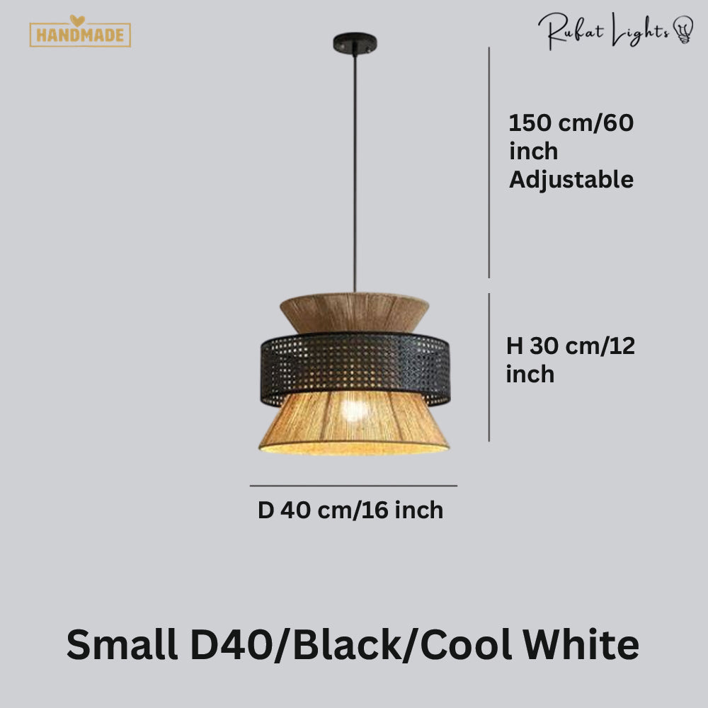 Japanese Rope Zen Teahouse Pendent Light dimensions Small D40 Black Cool White